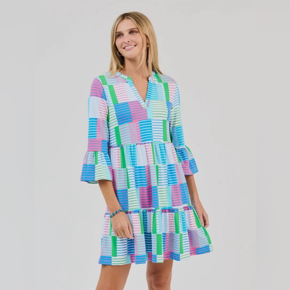 Mary Square Yacht Club Multi Color Laguna Bell Sleeve Tiered Dress